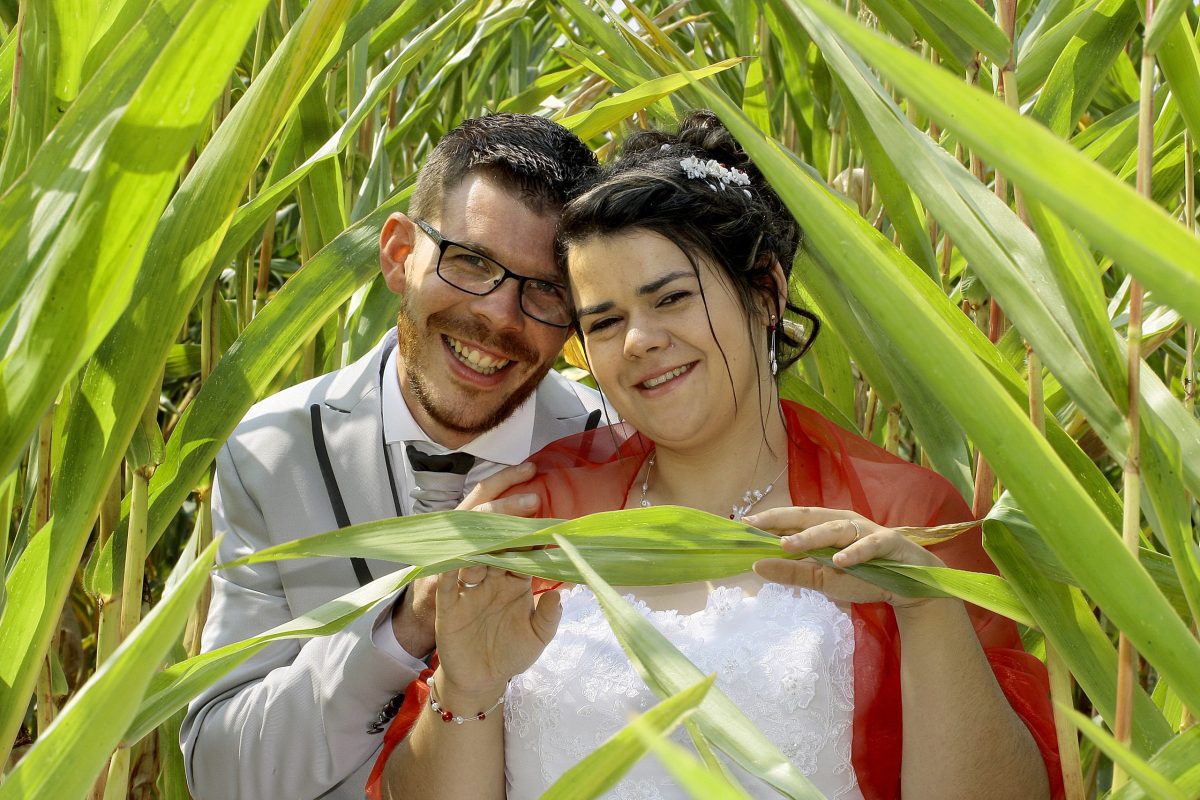 Couple jeunes mariés dans les maïs avec Virgin'arts Saint-Hilaire-des-Loges en Vendée